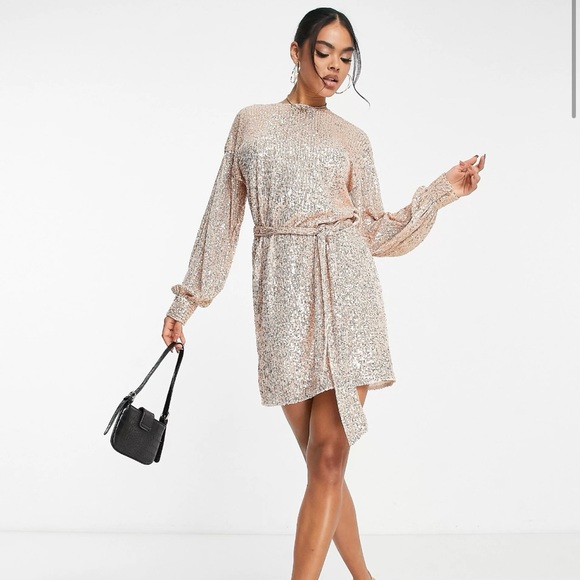 Aria Cove sequin batwing sleeve mini shift dress with belt gold Size 16 (NWT) - Picture 2 of 16
